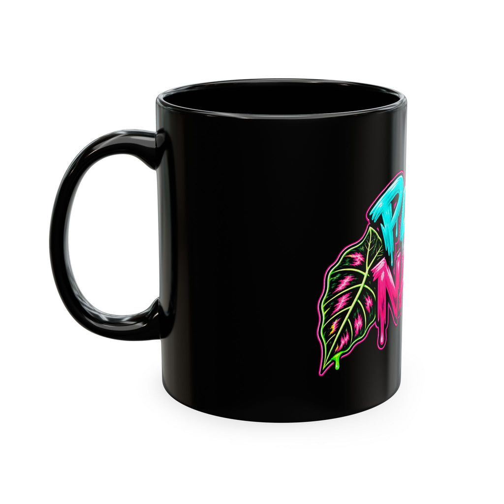 White ceramic mug featuring bold black text that reads "Fueled by Caffeine & Bad Plant Decisions" by Printify.