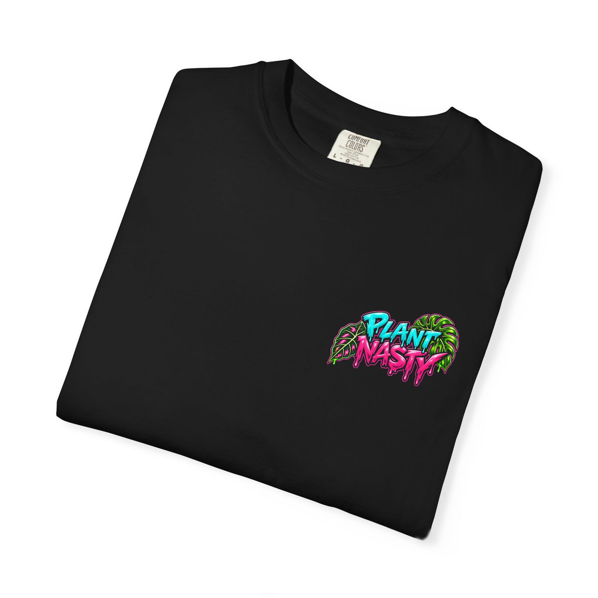 Black signature T-shirt from Printify featuring the Plant Nasty logo and "Get Nasty. Buy Plants." slogan on the front.