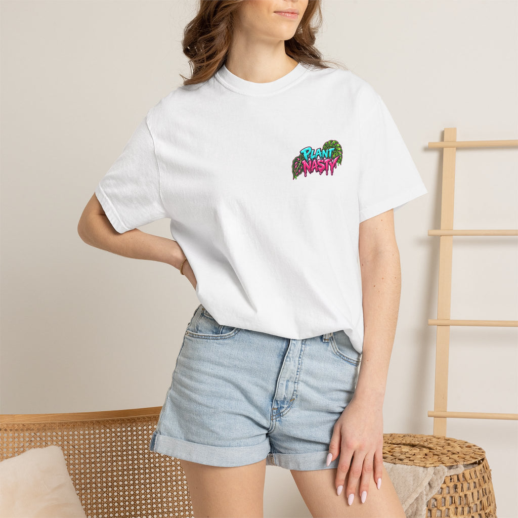 Plant Nasty Logo T-shirt featuring the OG Nasty Tee design, made by Printify, displayed on a casual black crew neck shirt.