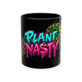White ceramic mug with black text reading "Fueled by Caffeine & Bad Plant Decisions" on a plain background.