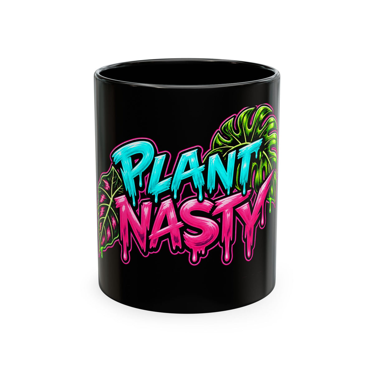 White ceramic mug with black text reading "Fueled by Caffeine & Bad Plant Decisions" on a plain background.