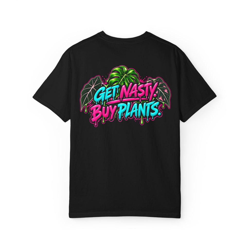 Black Get Nasty Buy Plants signature T-shirt by Printify featuring a plant Nasty logo on the front.